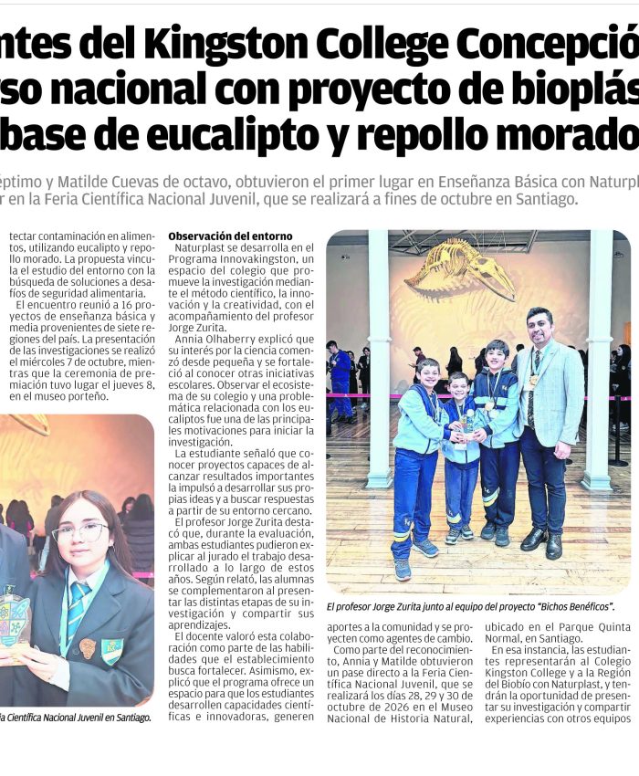 Diario El Sur destaca los logros cient&iacute;ficos de estudiantes del Kingston College